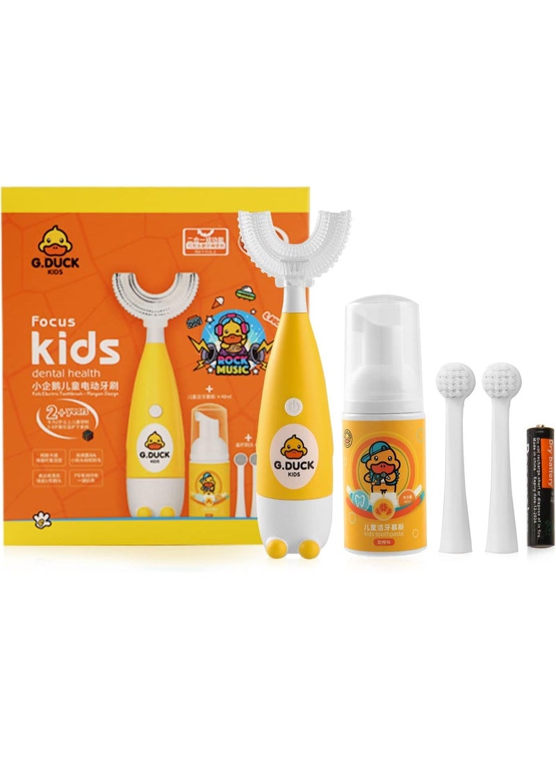 G.DUCK Yellow Duck Kids 2-in-1 Electric Toothbrush Set for Boys & Girls (2-12 Years) | U-Shaped 360° Silicone Brush + Sonic Round Brush | 30,000 VPM Gentle Cleaning | IPX7 Waterproof | Battery Powered | Includes Fluoride-Free Fruit Foam Toothpaste & AAA Battery - Image 1